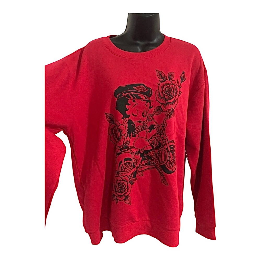 Betty Boop‎ red sweatshirt printed with roses Betty on motorcycle size large new